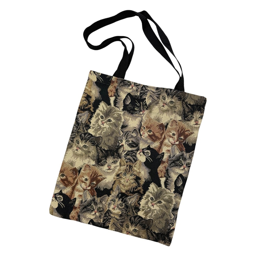 Vintage Style Woven Tapestry Cat Kitten Print Tote Bag Black Tan Animal Collage